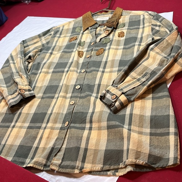 Lemon grass FALL LEAVES autumn thanksgivjng plaid SHIRT leather collar size 20 - Picture 8 of 16